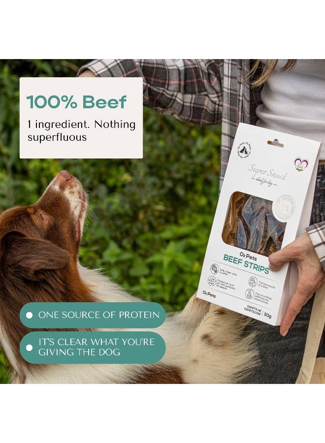 O2Pets Dog and Puppy Beef Strips Natural Treats – 100% Pure Beef Muscle Meat Jerky – High Protein & Grain-Free Reward for Sensitive Stomachs, Muscle Support & Dental Care 50g - Image 2